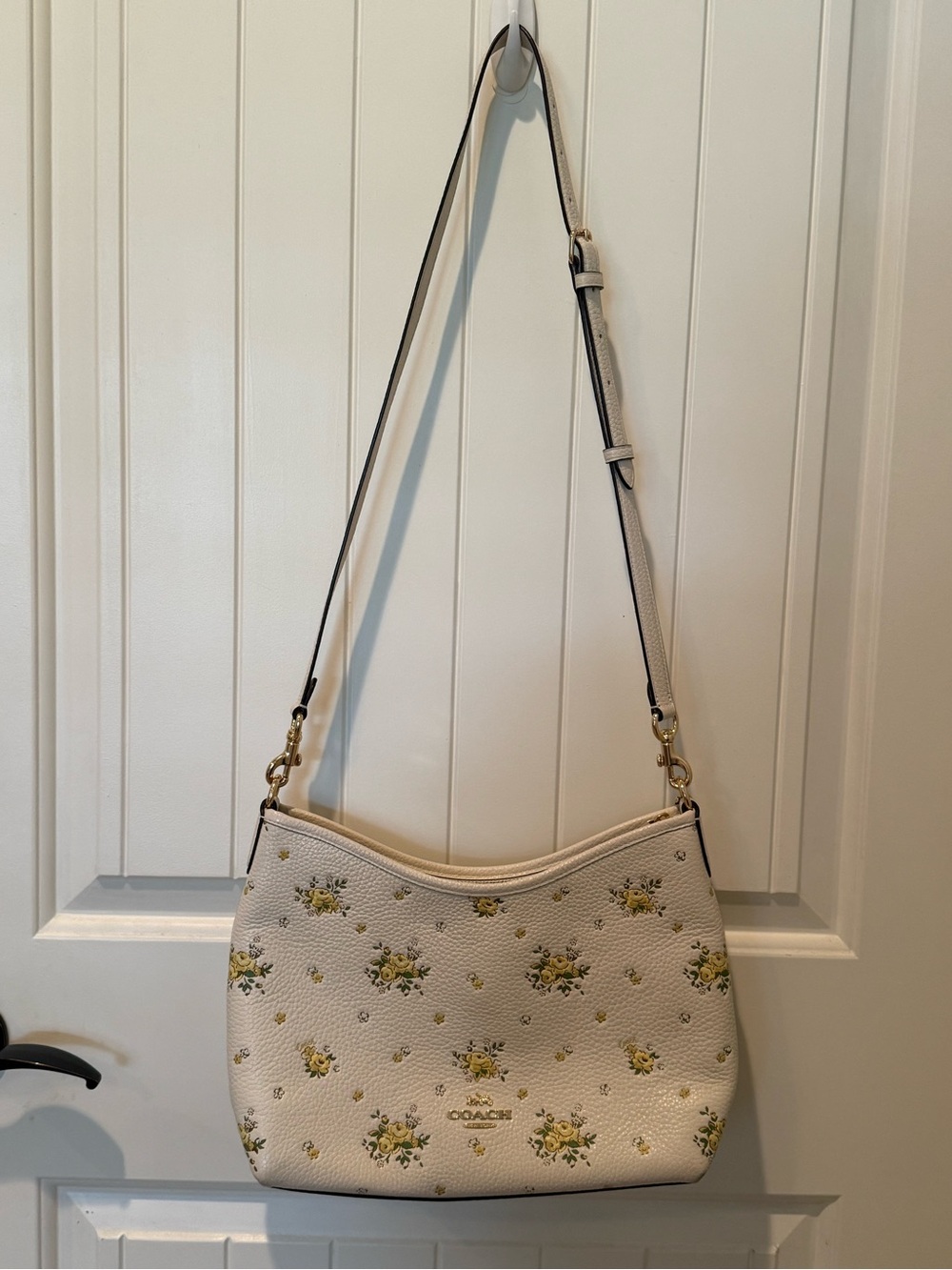Coach Cream Floral Pebbled Leather Shoulder Bag with Yellow Accents